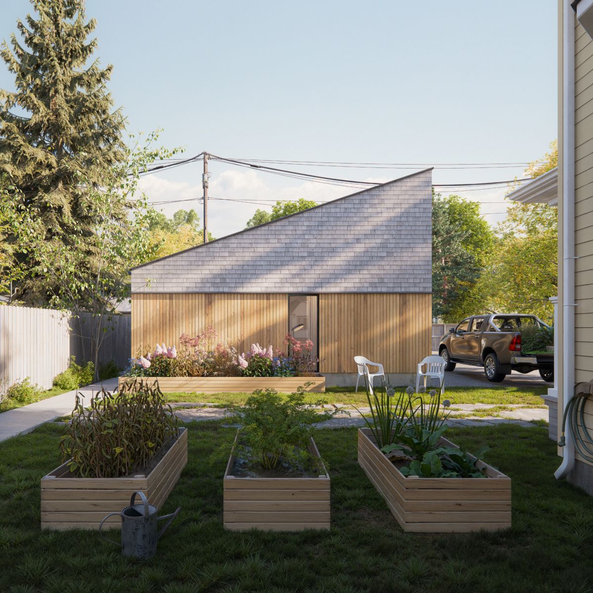Rendu 3D montrant une famille qui profite du jardin dans la cour d’un logement accessoire de plain-pied. L’extérieur de l’immeuble combine des panneaux de bois et un toit en bardeaux.